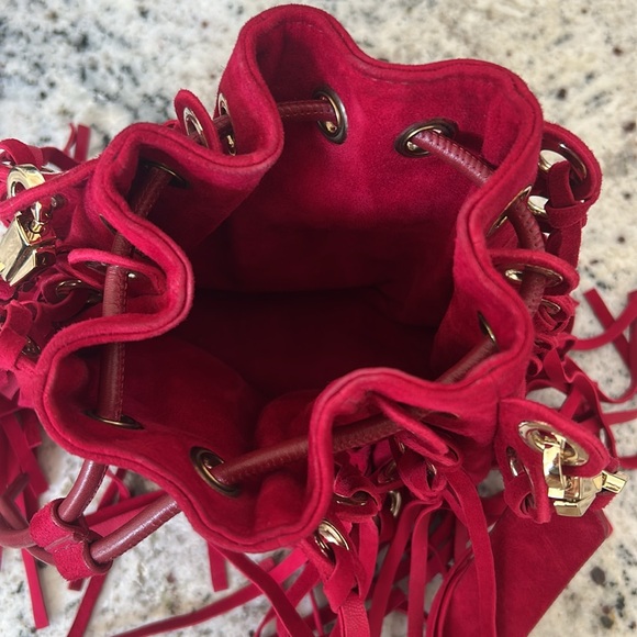 Paule Ka Fringed Red Suede Bucket Bag - Picture 5 of 6